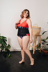Curve-Red and Black Geometric Tankini Top- 41001A -(Telegram exclusive)