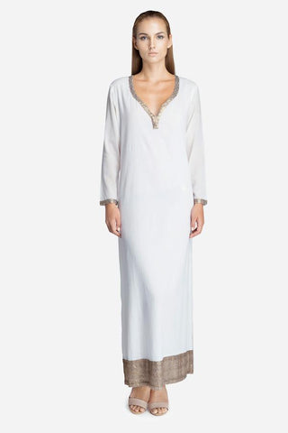 Ivory full-length kaftan with antique gold embellishment